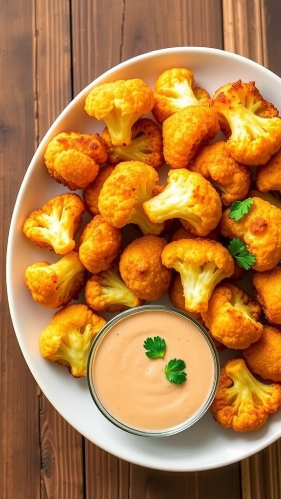 Crispy air fryer cauliflower nuggets served with dipping sauce and garnished with parsley on a wooden table.
